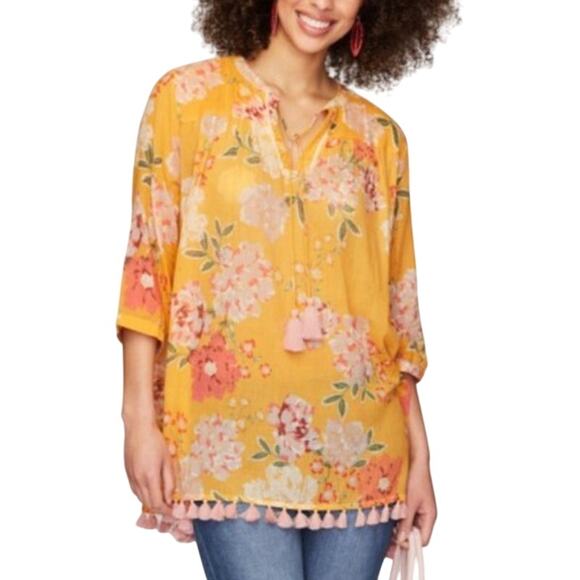 Roller Rabbit M Womens Gold Orange Floral Tunic Top Cover Up Tasseled - Picture 1 of 9